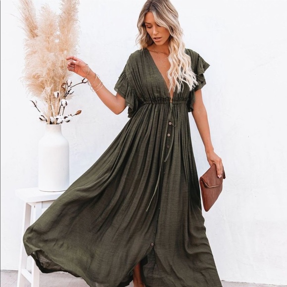 Dresses & Skirts - New Bohemian Long Olive Maxi Summer Dress Ruffled Sleeves